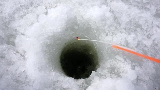 Подледная рыбалка с зимней удочкой — стоковое видео