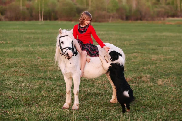 Niña sentada en un caballo blanco y un perro de palma — Foto de Stock