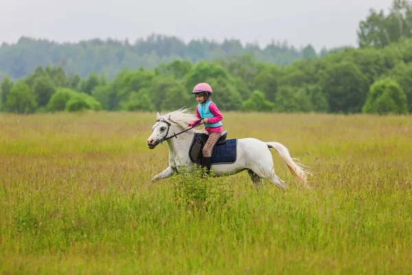Young rider galloping on horseback across the field Outdoors — Stock Photo, Image