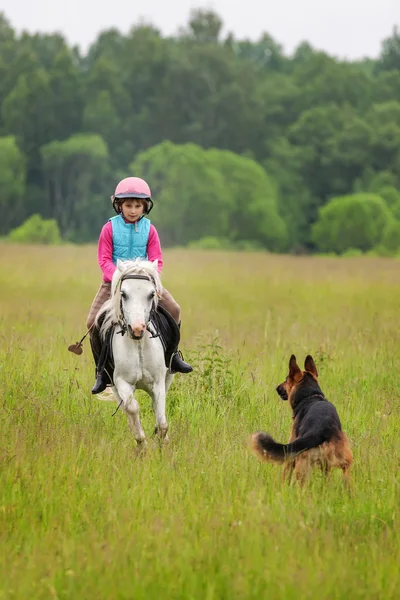 Babymeisje op een paard galopperen naar haar en de hond buiten — Stockfoto