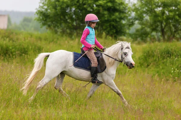 Jong meisje ervan overtuigd galopperend paard op het veld — Stockfoto