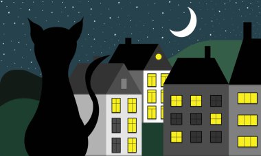 Şehrin Arkaplanında Kara Kedi Oturuyor, Yıldızlı Gökyüzü ve Ay. Vektör İllüstrasyonu
