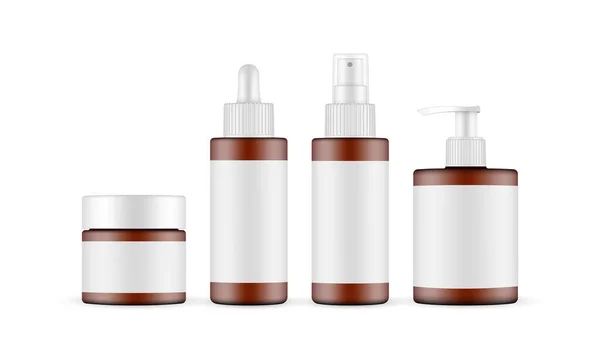 Garrafas Cosméticas Âmbar Com Etiquetas Branco Isoladas Fundo Branco Ilustração —  Vetores de Stock