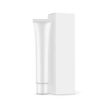 Beyaz arka planda izole edilmiş karton kutulu plastik kozmetik tüp. Vektör İllüstrasyonu