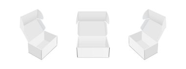 Ön ve yan görünümlü dikdörtgen karton kutu, Açılmış Lid, beyaz arka planda izole edilmiş. Vektör İllüstrasyonu