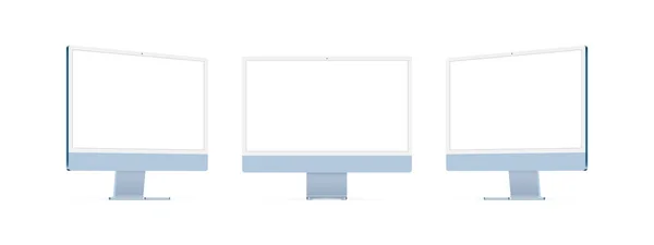 Blue Computer Monitors Blank Screens Isolated White Background Mockup Present — Stock Vector