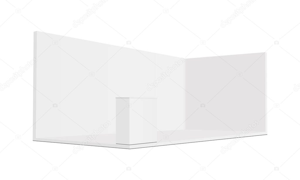Wide Rectangular Exhibition Trade Show Booth Mockup with Demonstration Table, Side View. Vector illustration