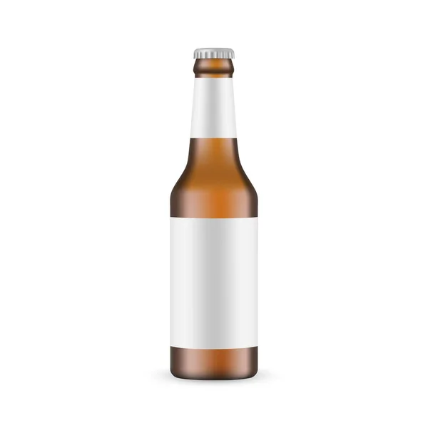 Mockup Botella Cerveza Vidrio Marrón Con Etiqueta Blanco Vista Frontal — Archivo Imágenes Vectoriales