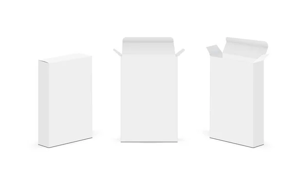 白の背景に隔離されたオープンとクローズ蓋 フロントとサイドビューを持つ紙長方形のスリムボックス ベクターイラスト — ストックベクタ