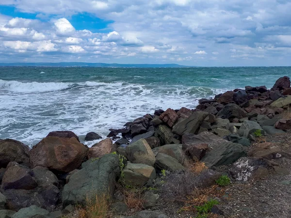 Живописный Вид Скалистого Побережья Растениями Черном Море Против Облачного Неба — стоковое фото