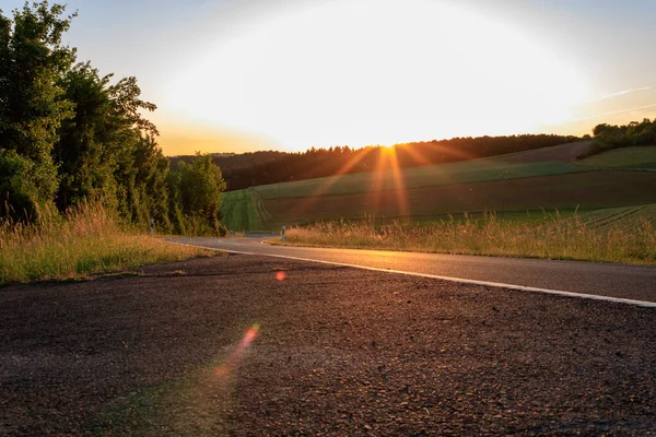 Coucher Soleil Sur Route Dans Paysage Rural Été Taubertal Allemagne — Photo