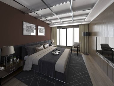 Moody modern yatak odası şebeke ışıklı tavan, katmanlı gri çarşaflar içinde kral yatağı, yerden tavana pencereler, koltuk ve zemin lambası, parlak duvar TV, geometrik kömür halısı, 3D görüntüleme.