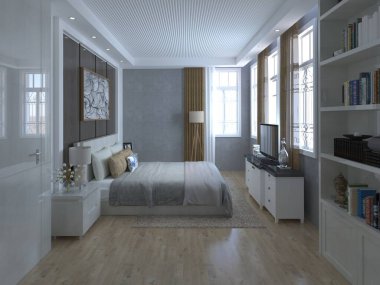 Gri yatak odası, panelli yatak odası, tırtıklı tavan, TV konsolu ve dahili raflar, altın perdeli uzun pencereler, parlak ahşap döşemeler, 3D kaplama..