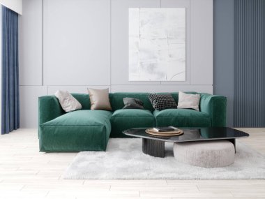 Clean, calm modern lounge with a teal sectional, black coffee table on a plush white rug, blue curtains, paneled walls, and abstract white art for cozy yet stylish vibes, 3D rendering.