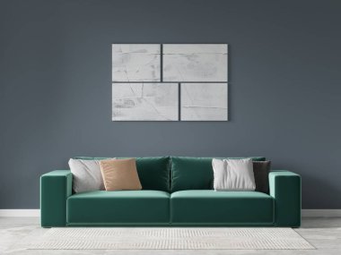 Moody minimalist lounge with a teal boxy sofa mixed neutral pillows, grid style white abstract art, slate gray wall soft light rug and tile floor for a calm, modern vibe, 3D rendering.