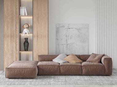 Sıcak minimalist dinlenme odası kakao modüler kanepe ve kanepe, yastıklar, dokuma halı, yumuşak ışıklandırmalı hafif ahşap raflar, ve beyaz soyut bir arkaplan, 3D işlemeli.
