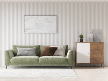 Beyaz flüt duvarına karşı yeşil bir kanepenin serin oturma odası. Ahşap mobilyalar, soyut sanat eserleri ve yumuşak bir halı bu rahat, modern iç dekorasyonu tamamlıyor..