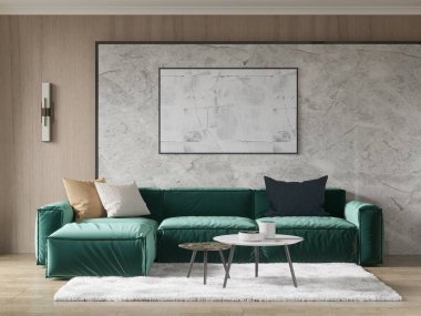 Beton bir aksan duvarına karşı yeşil bir kanepesi olan şık bir oturma odası. Ahşap kaplama, lüks bir halı, soyut sanat eseri ve modern mobilyalar şık bir alan yaratıyor..