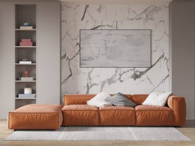 Beyaz mermer bir duvara karşı koyu turuncu bir kanepesi olan şık bir oturma odası. Yapılandırılmış raflar ve soyut sanat lüks ve modern bir iç mimari yaratıyor..