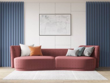 Tozlu bir gül kanepesi ve mavi flüt duvarlı modern oturma odası. Soyut sanat, renkli yastıklar, ve geometrik bir halı bu şık, çağdaş alanı tamamlıyor, 3D.