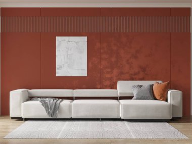 Kalın bir terracotta aksanlı duvara karşı beyaz kanepesi olan modern oturma odası. Soyut sanat, geometrik bir halı ve rahat yastıklar şık ve sıcak bir alan yaratıyor..