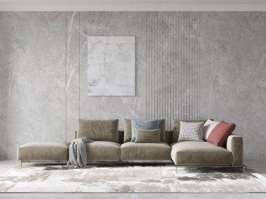 Gri mermer ve flütlü duvara karşı bej renkli bir kanepesi olan lüks bir oturma odası. Soyut sanat ve zarif bir halı bu şık, modern iç dekorasyonu tamamlıyor..