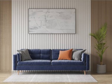 Mavi bir kanepe, flütlü duvar panelleri ve ahşap aksanlı bir oturma odası. Soyut sanat ve bir ev bitkisi modern, sakin ve rahat bir iç mekan oluşturur..