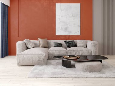 Canlı bir oturma odası, terracotta / pas aksanı olan bir duvar ve nötr desenli bölgesel kanepe. Düşük camlı bir sehpa ve rahat bir halı, 3 boyutlu..