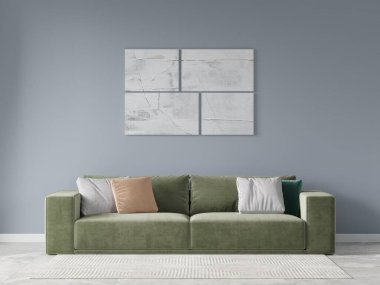 Rahat yeşil kadife bir kanepe, yumuşak mavi-gri bir duvarda minimalist soyut bir sanat, ve rahat modern estetik için dokulu beyaz bir halı,.