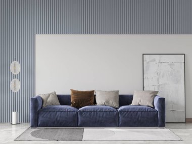 Geniş, modern bir oturma odası, dokulu gri duvarlara karşı konforlu mavi bir kanepe, minimalist bir zemin lambası ve soyut bir sanat eseriyle tamamlanmış, 3D.