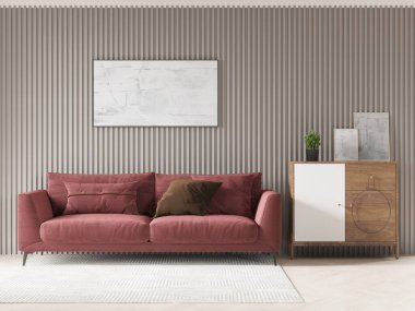 Pofuduk kırmızı kadife kanepesi, desenli panel duvarı, soyut sanatı ve minimalist ahşap dolabı olan modern oturma odası sıcak, davetkar bir yer yaratıyor..