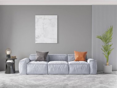 Modern oturma odası açık gri kanepe, soyut sanat, lambalı yan masa, ve saksı bitkisi, hepsi mermer zeminli şık gri arkaplan, 3D görüntüleme.