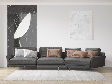 Koyu renkli kanepe, çeşitli yastıklar, soyut sanat eserleri ve mermer aksan duvarlı modern oturma odası desenli halı ve ahşap döşeme, 3D işlemeli..