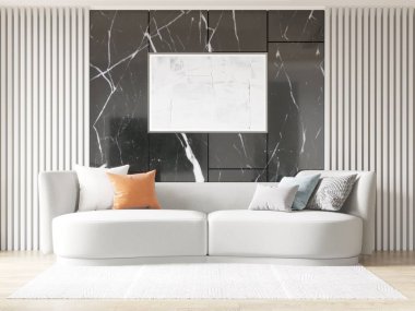 Şık bir oturma odası, koyu mermer ve beyaz çizgili duvarlardan oluşan modern bir arka plan karşısında kıvrımlı beyaz bir kanepeye sahip soyut sanat eserleri ve desenli bir halıya sahip, 3D.