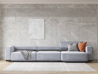 Modern oturma odası açık gri modüler kanepe, canlı yastıklar, mermer desenli aksanlı bir duvarda soyut sanat, ve ahşap zeminde desenli bir halı, 3D işlemeli.