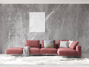 Şık kırmızı kesimlik kanepesi olan modern oturma odası, çeşitli yastıklar, ve zarif mermer bir duvara karşı dizilmiş soyut sanat eserleri, kıvrımlı aksanlı ve desenli bir halı, üç boyutlu..