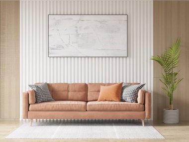 Şeftali kanepeli modern oturma odası, soyut sanat eserleri, desenli duvar, saksı bitkisi ve hafif halı. Sıcak tonlu, 3 boyutlu tasarımı olan rahat ve şık iç tasarım..