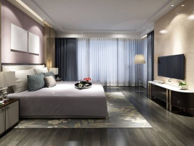 Lüks, modern yatak odası, büyük bir yatak odası, zarif gri ve pembe dekorlu, katıksız perdelerden bol miktarda doğal ışık, koyu ahşap döşemeler, ve şık botanik halı, 3D.