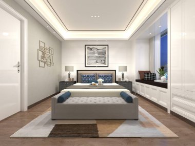 Tarafsız paleti ve mavi aksanı olan sakin ve şık modern bir yatak odası. Konforlu pencere kenarı, zarif mobilyalar, ve sofistike ışıklandırma, 3 boyutlu görüntüleme.