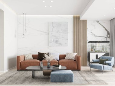 Paslı kanepe, mavi koltuk, mermer duvarlar, tahta levhalar ve bir akvaryuma sahip modern oturma odası..