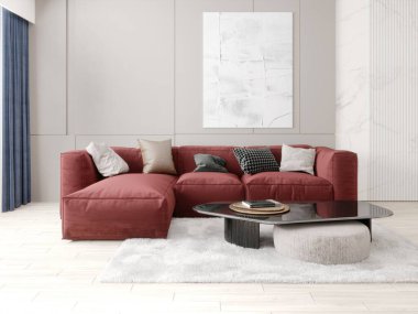 Modern oturma odasının içinde kırmızı bir kanepe, cam sehpa, beyaz halı, bej duvarda sehpa ve sanat eserleri var..