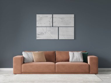 Modern oturma odası kahverengi bir kanepe, karışık nötr yastıklar, soyut beyaz desenli duvar sanatı, koyu gri duvar, ve yumuşak doğal ışıklandırma, 3D görüntüleme.