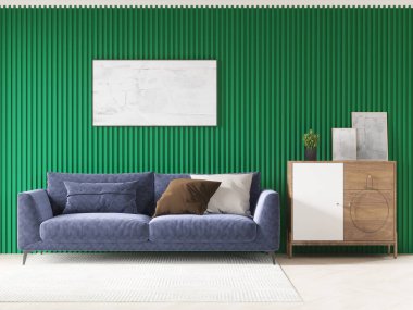 Mavi kanepe, yeşil panelli duvar, ahşap dolap ve minimalist dekorun yer aldığı modern bir oturma odası..