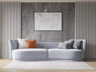 Lüks oturma odası iç tasarımı mavi kadife kanepe, turuncu yastıklar, gri mermer duvar paneli, tahta çıtalar ve yatay sanat çerçevesi modellemesi, 3D.