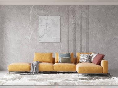 Modern lüks oturma odasının içinde sarı bir kanepe, gri mermer duvar panelleri, soyut beyaz sanat eserleri ve desenli bir halı var. Çağdaş tasarım, 3B görüntüleme.