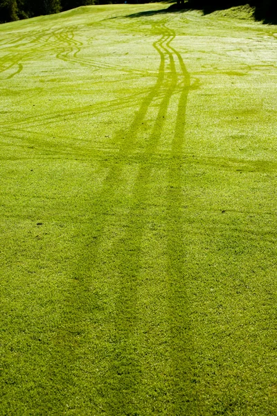 Orvalho da manhã e trilhas de carrinho em um verde de golfe — Fotografia de Stock