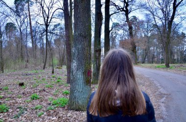 Uzun saçlı bir kız orman manzarasına bakıyor. Bir kız ormanın ortasındaki yola bakıyor. Ormanın ortasındaki kız. Kırmızı noktalı bir ağaç. Maceracı bir yaşam tarzı..