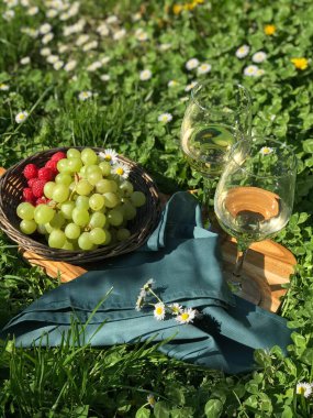 Çimlerin üzerinde beyaz şarap ile piknik