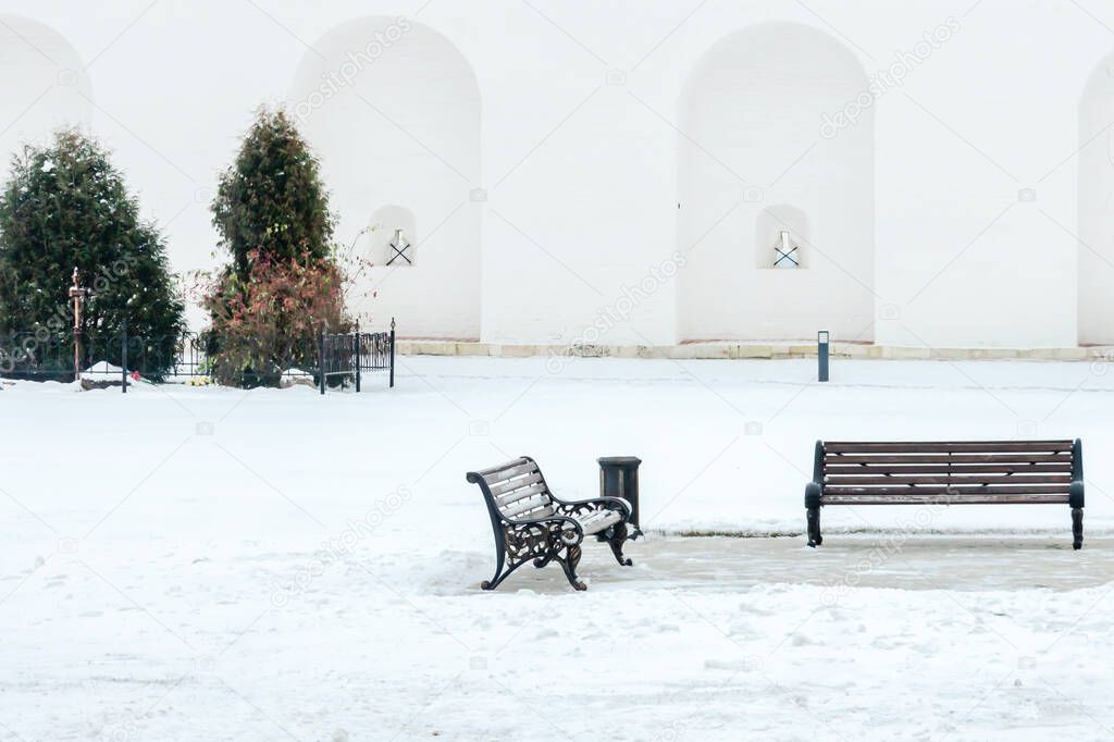 Two central park benches white covered snow and trees with copy space wall background