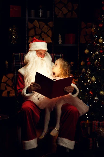 Christmas New Year Santa Happy Little Girl Watching Magic Book — Stock Photo, Image